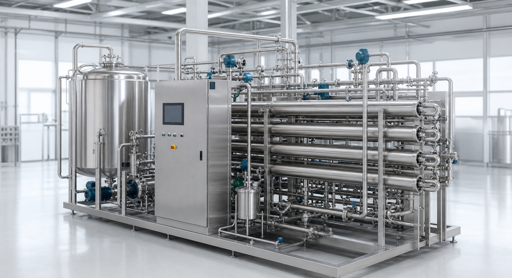 Industrial UHT sterilizer system with stainless steel tanks, pipes, pumps, and heat exchangers